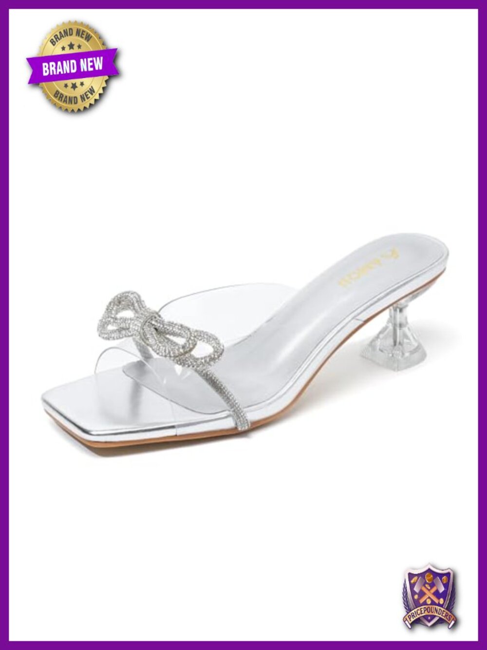 Rhinestone Clear Kitten Heels Sandals Slip On Square Toe